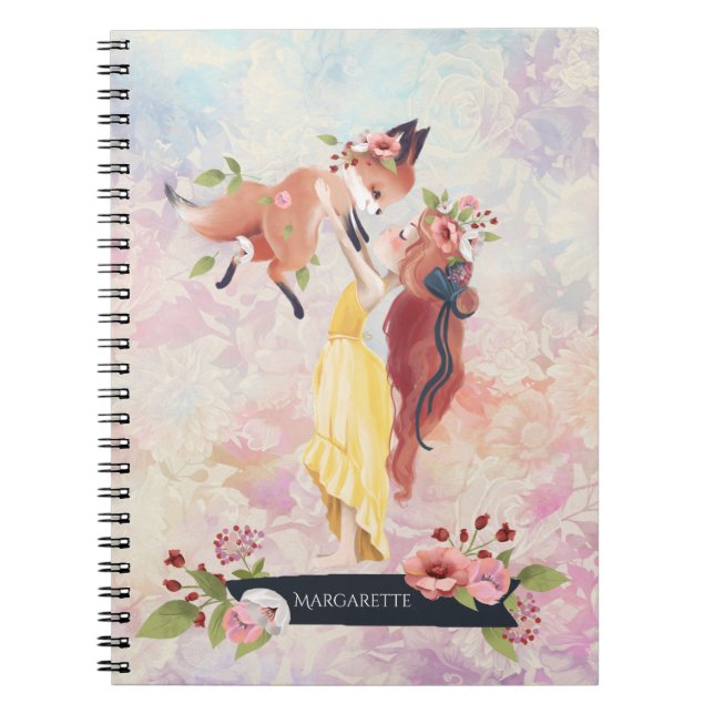 Caderno Espiral Redhead Girl & Baby Fox Illustration Diário (Frente)