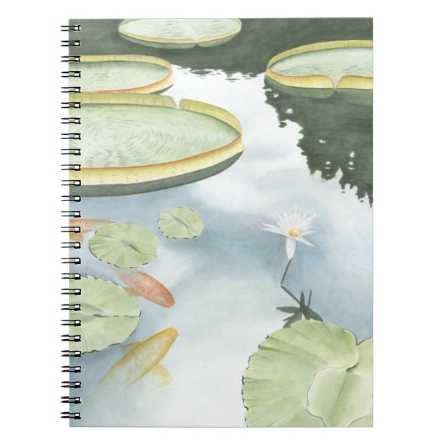 Caderno Espiral Reflexão de Koi Pond com peixes e lírios (Frente)
