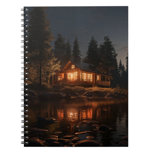 Caderno Espiral Reflexo de algodão na cena noturna do lago (Frente)