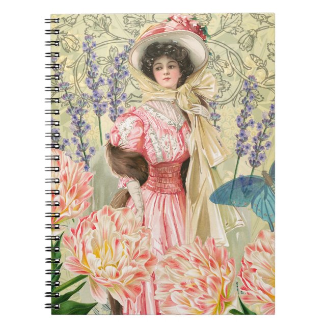Caderno Espiral Regência de Mulher Vitoriana Flórida Rosa (Frente)