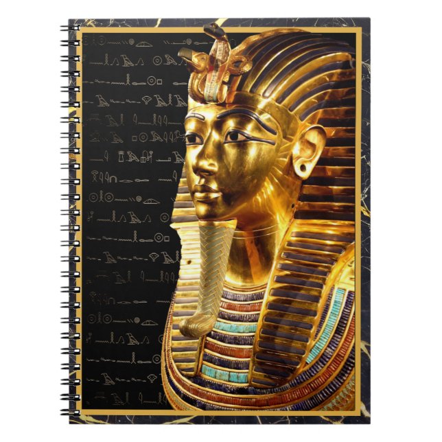 Caderno Espiral Rei Tutankhamun com Hieroglifos Dourados e Negros (Frente)