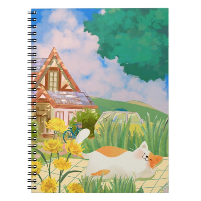 Caderno Espiral Relaxando o Cobrir de Notebook Cat e Sunny Country (Frente)