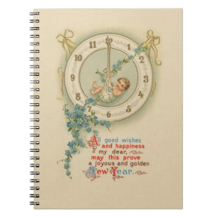 Caderno Espiral Relógio Antigo Bebê do Ano Novo