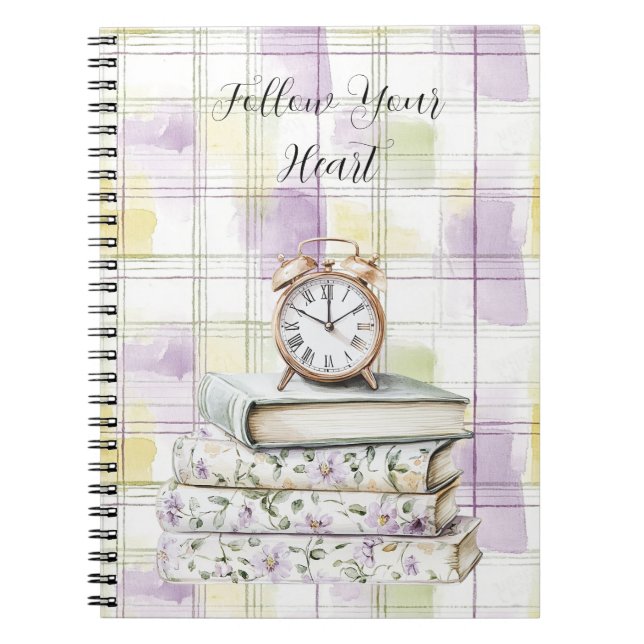 Caderno Espiral Relógio Despertador Floral Roxo Amarelo Bonito Liv (Frente)