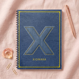 Caderno Espiral Remendo Costurado em Gergelim Azul com Letra Monog