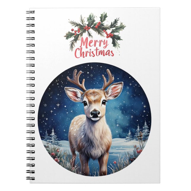 Caderno Espiral Rena com saudação de coroa de Natal feliz (Frente)
