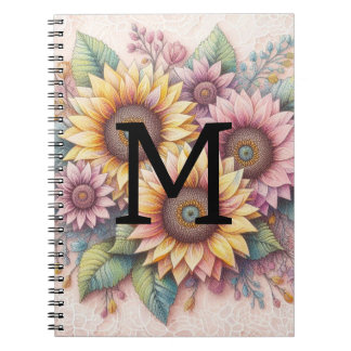 Caderno Espiral Renda monograma floral rosa amarelo laranja girass