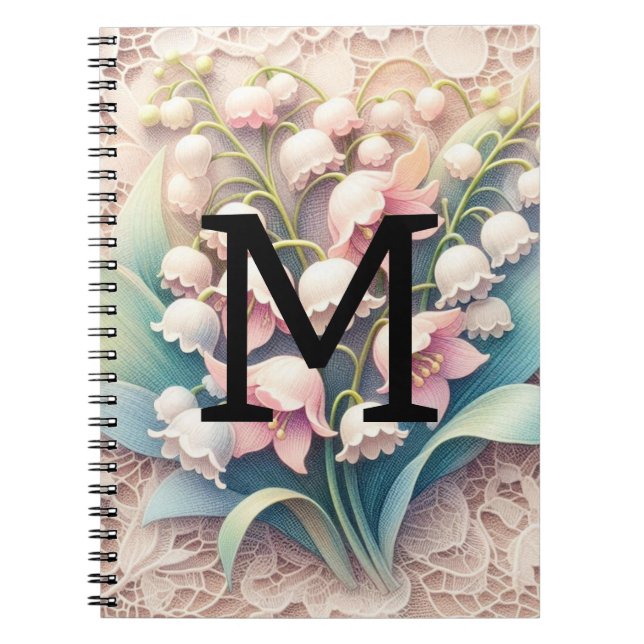 Caderno Espiral Renda monograma lírios brancos das flores do vale  (Frente)