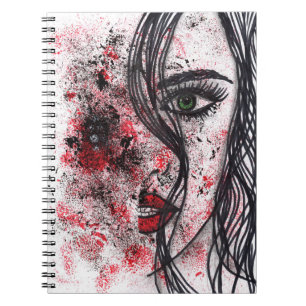 Caderno Espiral Retrato Abstrato de Garota Grunge Gótica em Linha