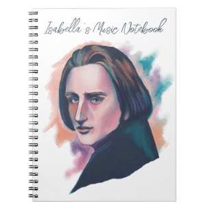 Caderno Espiral Retrato Colorido de Liszt em Aquarela com Nome Per