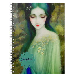 Caderno Espiral Retrato da Mulher Fantasia Elegante em Verde e Azu