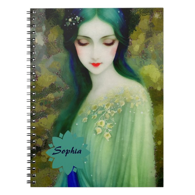 Caderno Espiral Retrato da Mulher Fantasia Elegante em Verde e Azu (Frente)