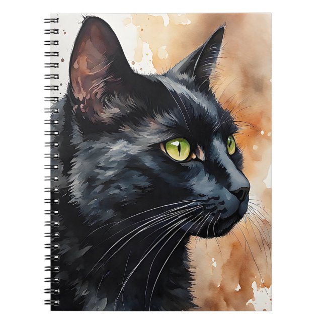 Caderno Espiral Retrato de Aquarela do Perfil de Gato Preto (Frente)