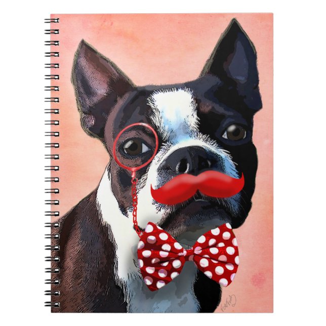 Caderno Espiral Retrato de Boston Terrier com gravata vermelha de  (Frente)