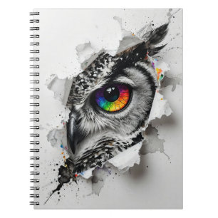Caderno Espiral Retrato de Coruja em Tinta e Aquarela Arco-íris