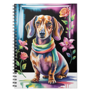 Caderno Espiral Retrato de Dachshund em Luz Neon e Moldura Floral