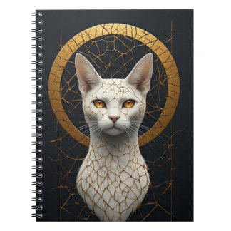 Caderno Espiral Retrato de Gato Branco com Halo Geométrico Dourado