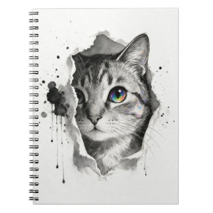 Caderno Espiral Retrato de Gato em Tinta e Aquarela Arco-íris