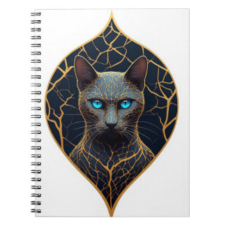 Caderno Espiral Retrato de Gato Preto Com Diamante Geométrico Dour