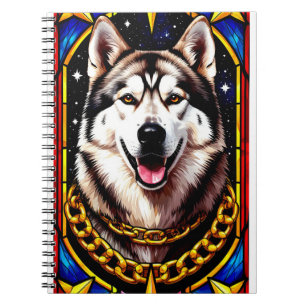 Caderno Espiral Retrato de Husky Real com Corrente de Ouro