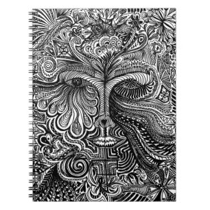 Caderno Espiral Retrato de linha trippy preto e branco