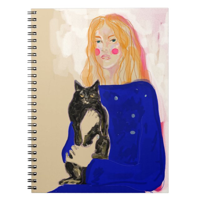Caderno Espiral retrato de mujer con gato arte (Frente)