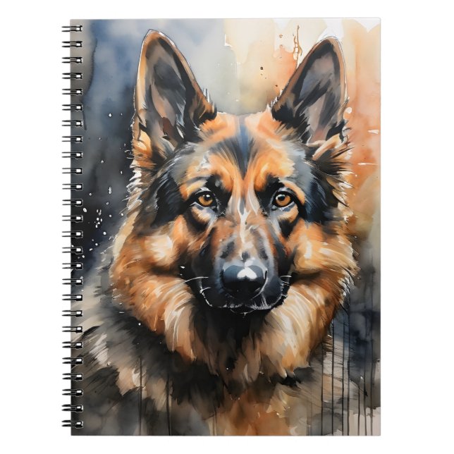 Caderno Espiral Retrato de tinta do german shepherd (Frente)