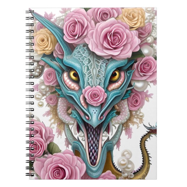 Caderno Espiral Retrato de uma linda cabeça de dragão rosa-branca (Frente)