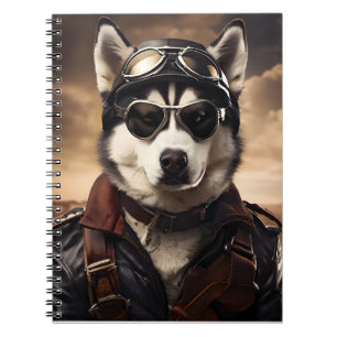 Caderno Espiral Retrato de Vintagem do Aviador Siberiano Husky WWI