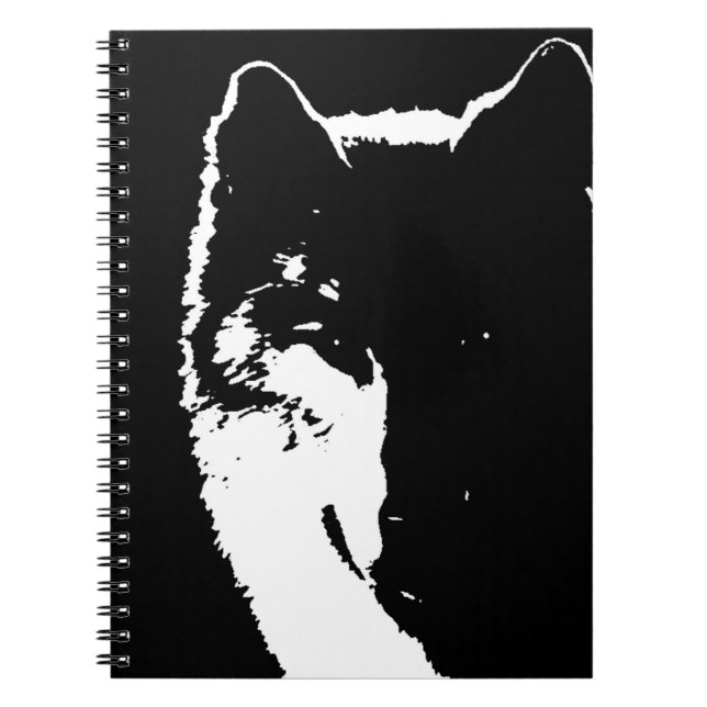 Caderno Espiral Retrato do Lobo Negro e Branco no Notebook Noturno (Frente)
