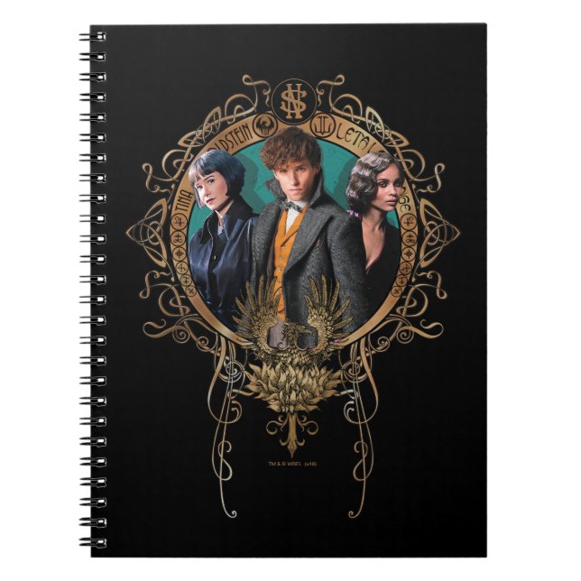 Caderno Espiral Retrato do ouro Newt, Tina e Leta Art Deco (Frente)