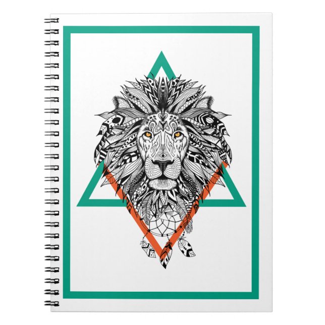 Caderno Espiral Retrato geométrico asteca do leão (Frente)