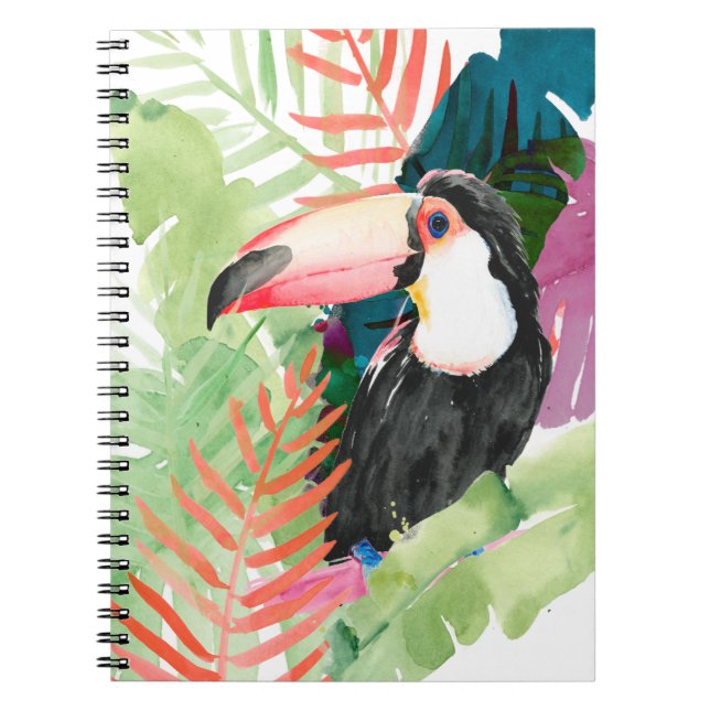 Caderno Espiral Retrato tucano com folhas tropicais (Frente)