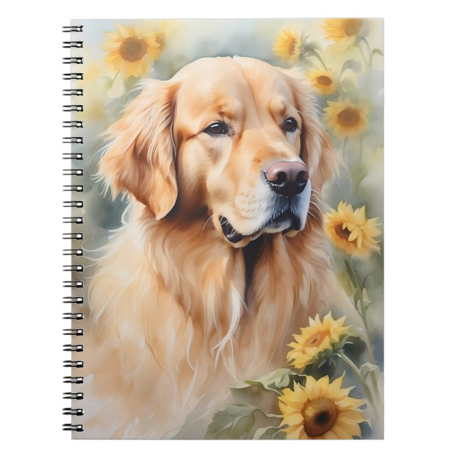 Caderno Espiral Retriever e girassol do Ouro de pintura a aquarela (Frente)