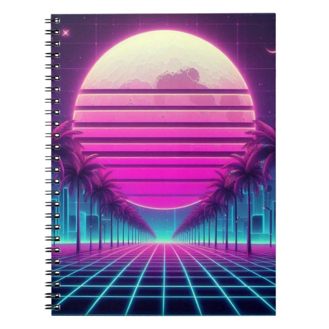 Caderno Espiral retrô, 80 anos lua neon/palmas (Frente)
