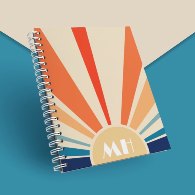 Caderno Espiral Retro Anos 70 Starburst Sunrise Listras Monograma  (Criador carregado)