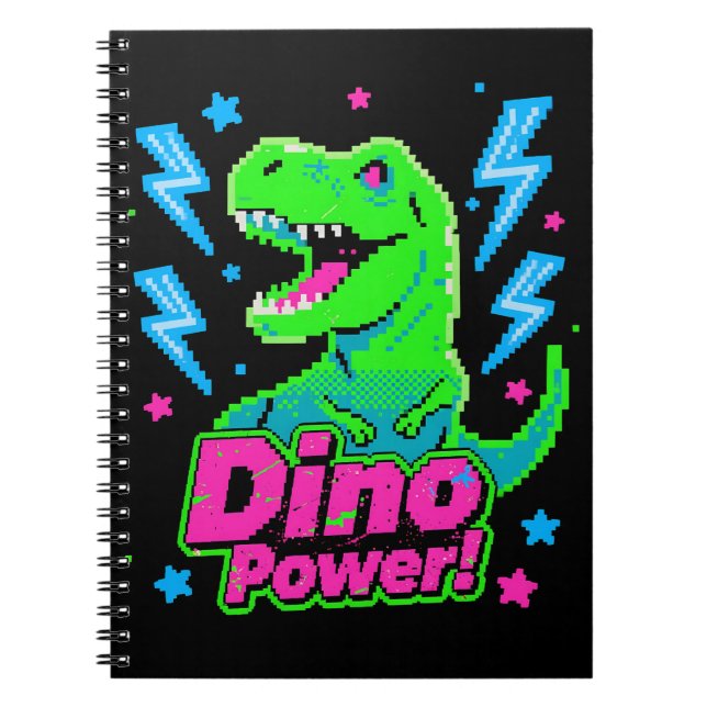 Caderno Espiral Retro Arcade Dino Power Pixel T-Rex (Frente)