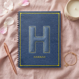Caderno Espiral Retro Azul Gergelim Amarelo Costura Monograma Letr