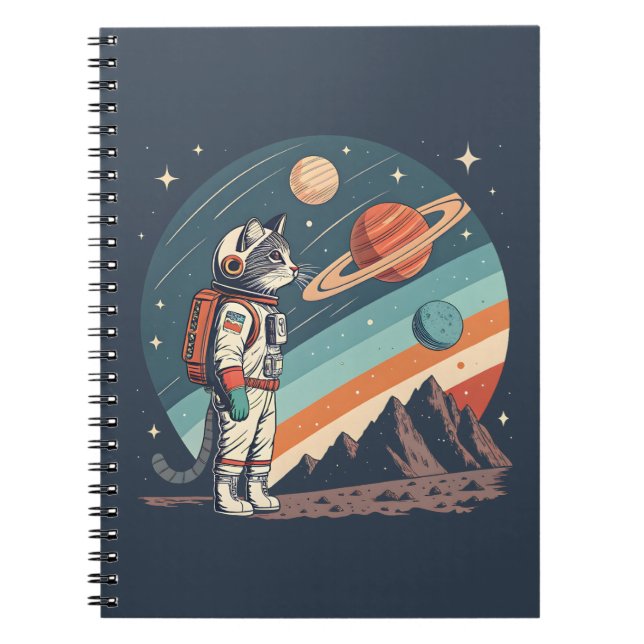 Caderno Espiral Retro Cat Astronaut Cosmic Space Illustration (Frente)