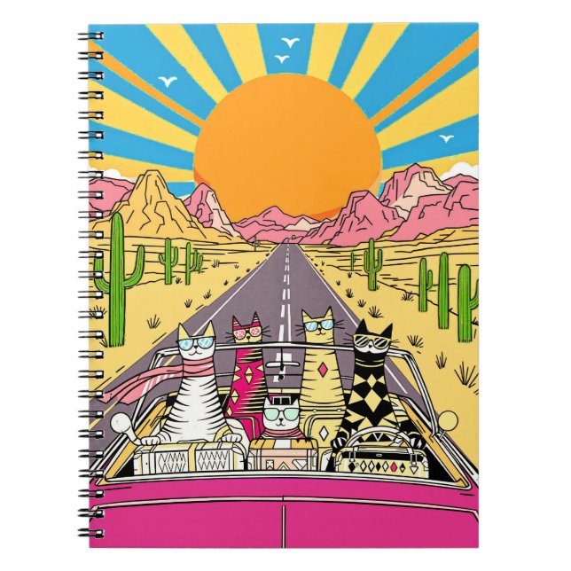 Caderno Espiral Retro Cats on Vacation Take a Road Trip (Frente)