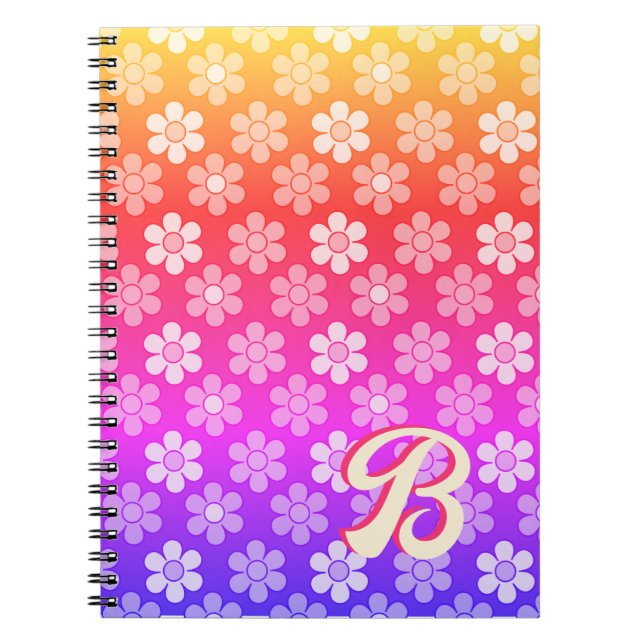 Caderno Espiral Retro Daisy Monograma Arco-Íris (Frente)