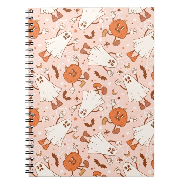 Caderno Espiral Retro-Fantasma Divertido e Padrão Jack-O-Lantern (Frente)