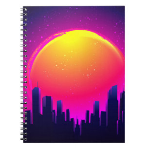 Caderno Espiral Retro Futurismo. Ilustração de onda sintetizada fu