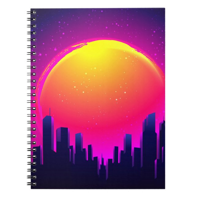Caderno Espiral Retro Futurismo. Ilustração de onda sintetizada fu (Frente)