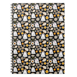 Caderno Espiral Retro Ghost Flowers Halloween Seamless Pattern