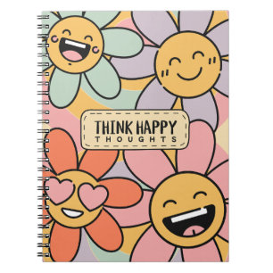 Caderno Espiral Retro Groovy Smiley Flor Pensar Pensamentos Felize