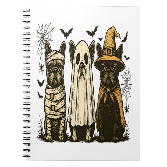 Caderno Espiral Retro Halloween Ghost French Bulldog Gothic Png (Frente)
