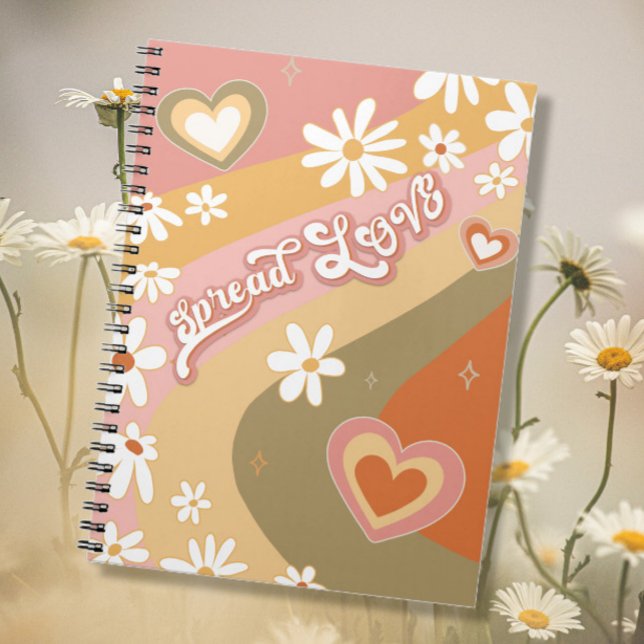 Caderno Espiral Retro Hippie Daisy Spread LOVE Floral 1960 s 1970 (Criador carregado)