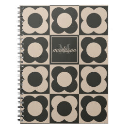 Caderno Espiral Retro modern -Flower Checkerboard - neutral taupe