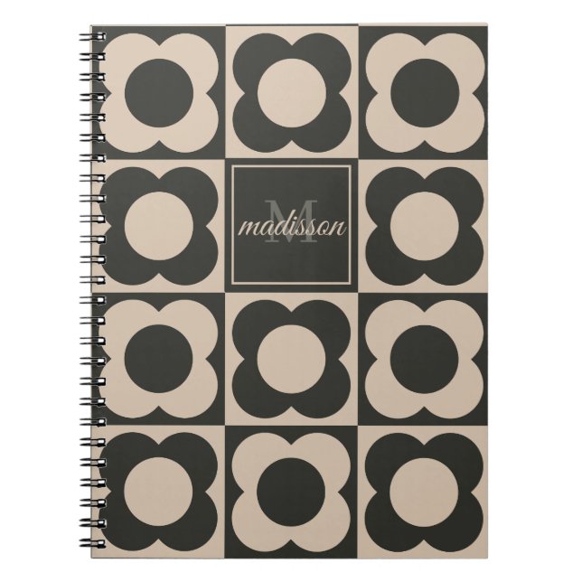Caderno Espiral Retro modern -Flower Checkerboard - neutral taupe  (Frente)